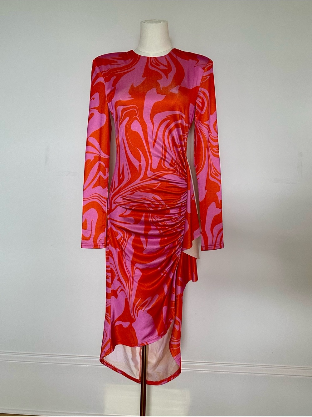 Vibrant Hot Orange/Red and Pink Swirl Long-Sleeve Midi Dress By Egreis Sm.